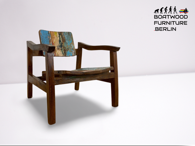 Boatwood by WMK # Beautiful armchair in beautiful blue made of old boat wood, a handmade unique piece made of solid teak # Armchair Reading chair Club chair Wooden chair Garden furniture Balcony furniture