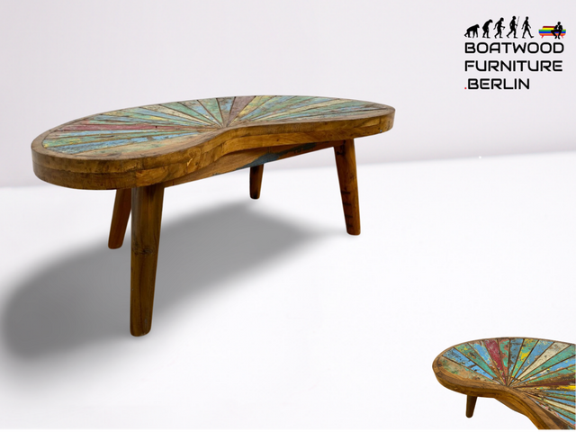Bootwood by WMK I Einzigartiger formschöne Nierentisch mit bunter Patchwork Tischplatte I handgefertigtes Unikat aus altem Bootsholz l Teakholz massiv I Couchtisch Coffee Table Berlin Köln NRW Bayern