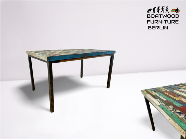 Boatwood by WMK # Beautiful dining table (140x90cm), a unique piece handcrafted from old boat wood, patchwork teak on a metal frame # Table Dining room table Kitchen table Wooden table Dinning Table