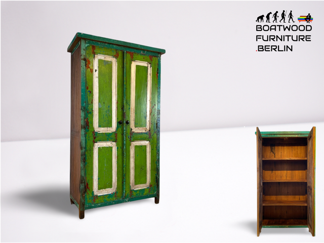 Boatwood by WMK # Unique linen cupboard made from old boat wood, a handmade unique piece made from solid teak wood # green cupboard wardrobe bedroom cupboard wardrobe boat furniture