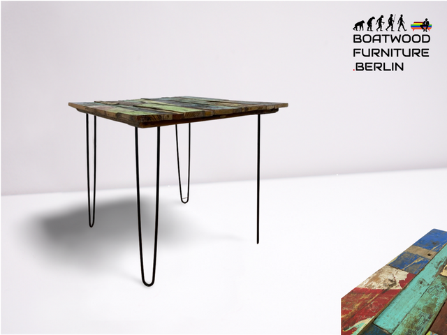 Boatwood by WMK # Unique dining table with table top made of old boat wood and new hairpin feet, a unique piece made of solid teak and metal # Table Kitchen table Garden furniture Balcony furniture Upcycling