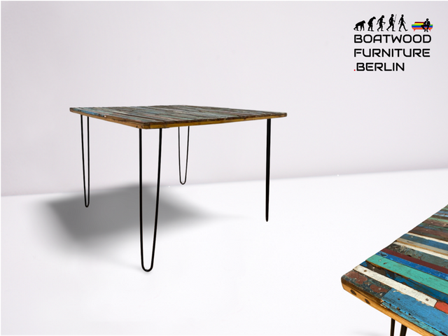 Boatwood by WMK # Unique dining table with table top made of old boat wood and new hairpin feet, a unique piece made of solid teak and metal # Table Kitchen table Garden furniture Balcony furniture Upcycling