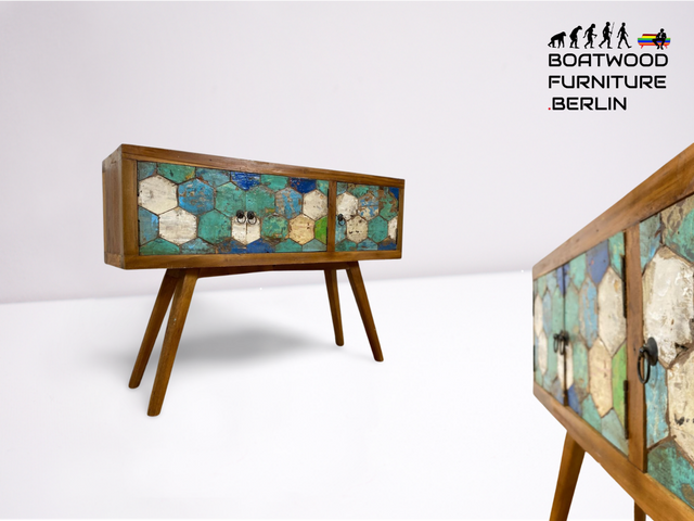 Boatwood by WMK # Detailreiche & nachhaltige Kommode aus altem Bootsholz, ein handgefertigtes Unikat aus massivem Teakholz # Sideboard Schrank Anrichte Flurkommode Konsole TV-Lowboard Bootsmöbel Teak