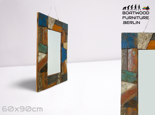 Boatwood by WMK # Besonderer 60x60 Wandspiegel aus altem Bootsholz, ein handgefertigtes Unikat in Originalfarben der Boote # bunter Spiegel Flurspiegel Holzrahmen Badspiegel Art Mirror Bootsmöbel