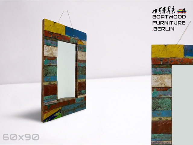 Boatwood by WMK # Farbenfroher 60x90 Wandspiegel aus altem Bootsholz, ein handgefertigtes Unikat in Originalfarben der Boote # bunter Spiegel Flurspiegel Holzrahmen Badspiegel Mirror Art Bootsmöbel