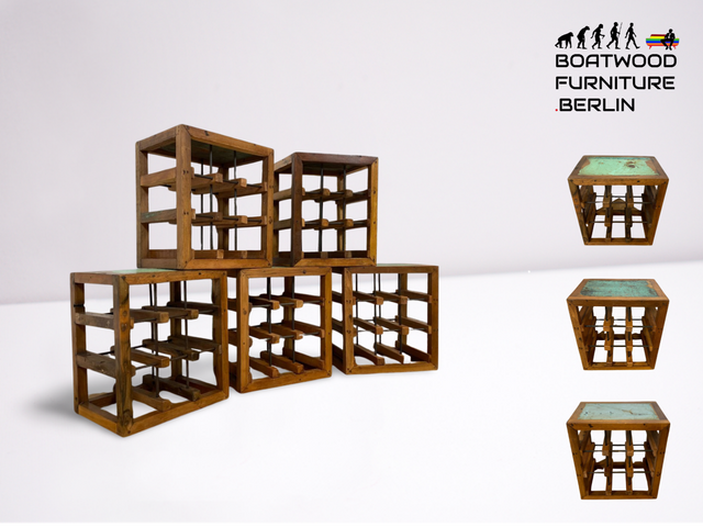Boatwood by WMK # 1/5 Einzigartiges Weinregal für 9 Flaschen aus altem Bootsholz, ein handgefertigtes Unikat aus massivem Teakholz # Weinkiste Flaschenregal Beistelltisch Ablage Hocker Blumentisch Weinrack Teak