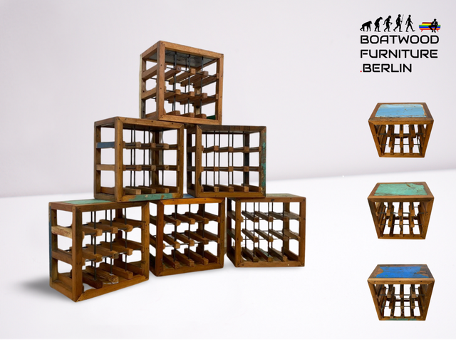 Boatwood by WMK # 1/5 Einzigartiges Weinregal für 12 Flaschen aus altem Bootsholz, ein handgefertigtes Unikat aus massivem Teakholz # Weinkiste Flaschenregal Beistelltisch Ablage Hocker Blumentisch Weinrack Teak