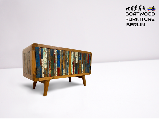 Boatwood by WMK # Formschönes und detailreiches Sideboard aus altem Bootsholz, ein handgefertigtes Unikat aus massivem Teakholz # Kommode Lowboard TV-Lowboard TV-Board Flurkommode Anrichte Bootsmöbel