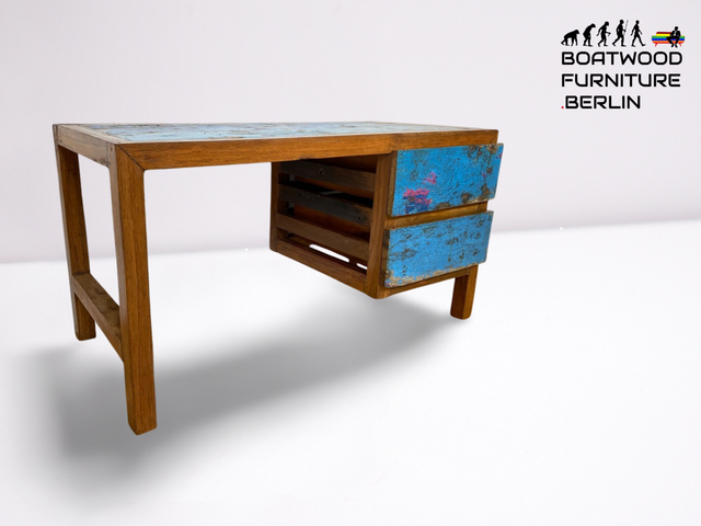 Boatwood by WMK # Einzigartiger Schreibtisch aus altem Bootsholz, ein handgefertigtes Unikat aus massivem Teakholz # blauer Arbeitstisch Sekretär Bürotisch Arbeitsplatz Computertisch Desk Bootsmöbel