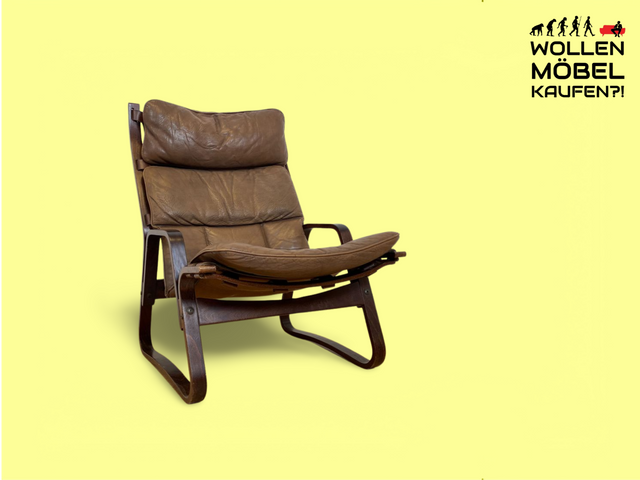 WMK Stilvoller & sehr bequemer norwegischer 70er Jahre Sessel in braunem Echtleder & Bugholz Rahmen # Ledersessel Lesesessel Relaxsessel Freischwinger Skandinavisches Design Mid-Century Vintage Leder