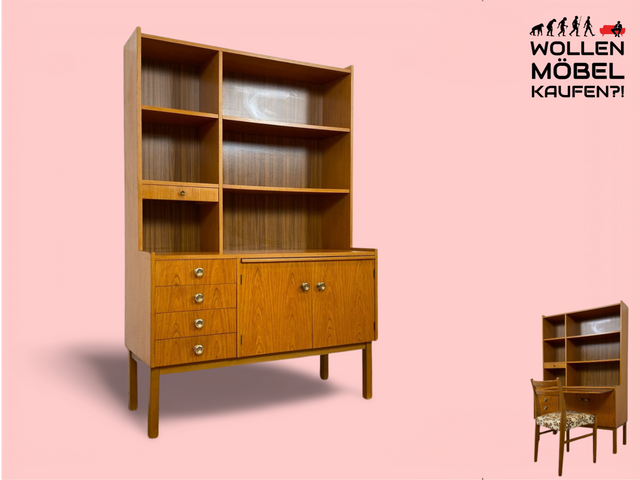 WMK Stilvoller skandinavischer Bücherschrank mit ausziehbarer Schreibplatte, Schubladen & verstell. Regalböden # Bücherregal Sekretär Regal Schreibschrank Highboard Sideboard Vintage Mid-Century 60er