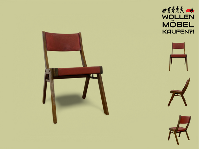 WMK Besonders schöner und sehr stabiler 50er Jahre Stuhl mit Originalbezug aus rotem Kunstleder # Küchenstuhl Esszimmerstuhl Schreibtischstuhl Holzstuhl Chair Mid-Century Vintage Rockabilly 60er Retro