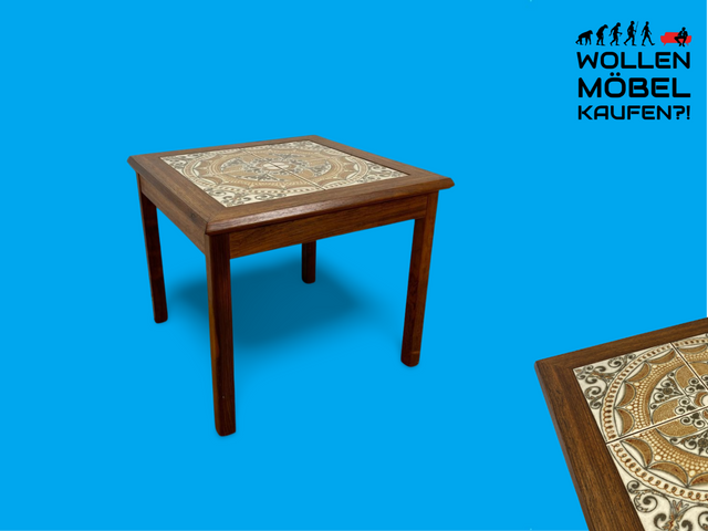 WMK Wunderschöner & sehr gut erhaltener skandinavischer Couchtisch mit kunstvollen Fliesen auf Teakholz # Beistelltisch Wohnzimmertisch Fliesentisch Coffe table Mid-Century Danisch Design Teak Vintage