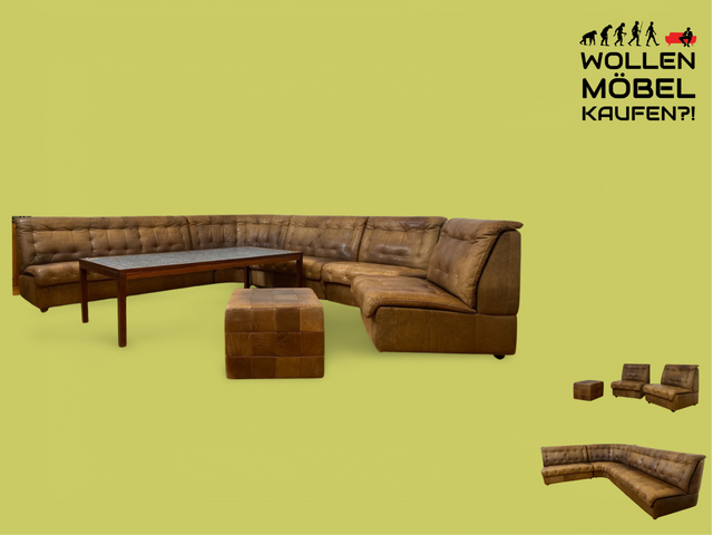 WMK Große & sehr bequeme modulare Vintage Sitzgarnitur aus 3er & 2er Sofa , 2 Sessel & Hocker in echt Leder mit Patina # Ledergarnitur Eckgarnitur Ledersofa Ledercouch Ecksofa Ledersessel Couch 70er