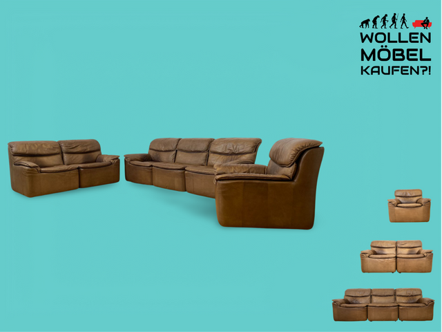 WMK Schöne & äußerst bequeme modulare Vintage Sitzgarnitur aus Sessel , 2er & 3er Sofa in Echtleder mit Patina # Sitzlandschaft Modularsofa Ledergarnitur Ledersofa Ledercouch Ledersessel Couch 70er