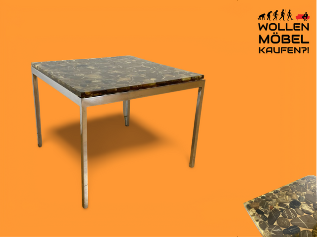 WMK Seltener und gut erhaltener 70er Jahre Couchtisch mit Epoxid Tischplatte mit eingelassenen echten Steinen auf Metallgestell # Wohnzimmertisch Coffee Table Glastisch Beistelltisch Vintage Space Age