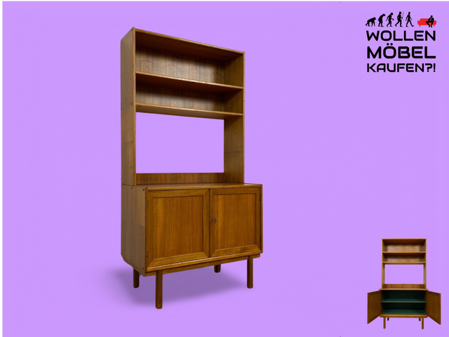 WMK Stilvoller skandinavischer 70er Jahre Bücherschrank aus vollem Holz in Teak, abschließbar mit verstellbaren Regalböden # Bücherregal Regal Kommode Highboard Sideboard Vintage Mid-Century Teakholz