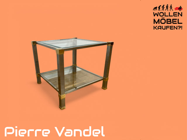 WMK Stilvoller 70er Jahre Designercouchtisch von Pierre Vandelaus Paris aus Messing & Chrom mit geschliffenem Kristallglas und Ablage # Couchtisch Wohnzimmertisch Beistelltisch Coffee Table Vintage