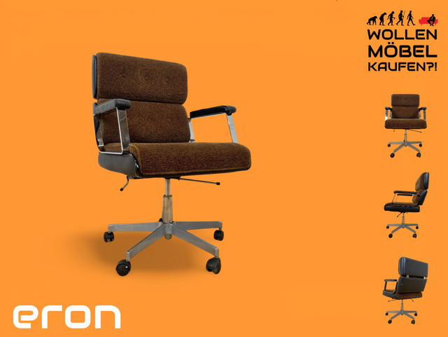WMK Hochwertiger & gut erhaltener 70er Jahre Soft Pad Schreibtischstuhl von Eron mit Originalbezug aus Stoff & Leder , höhenverstellbar # Drehstuhl Drehsessel Chefsessel Office Chair Space Age Vintage