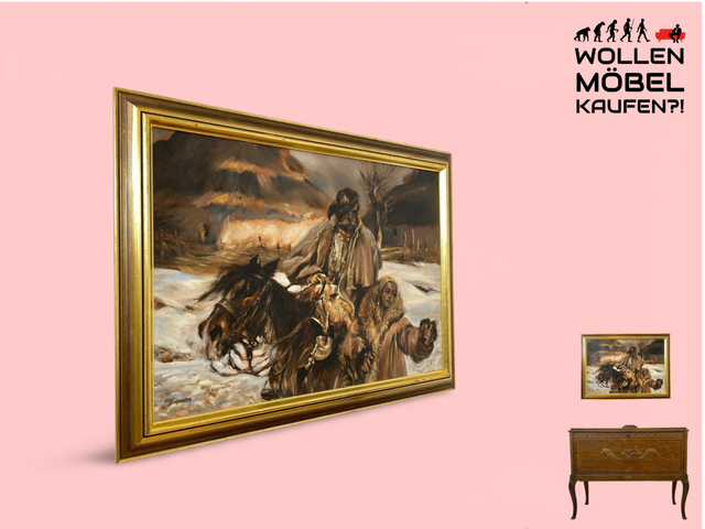 WMK Gut gemalte 83x62 Öl auf Leinwand Replika des berühmten "Verwundeter Kürassier mit einem Mädchen" von Wojciech Adalbert Kossak aus 1970, goldener Holzrahmen # Bild Wandgemälde Wandbild Vintage