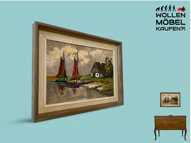 WMK Stimmungsvolles & gut erhaltenes Öl auf Leinwand Gemälde 62x45cm aus 1963 mit originalem Holzrahmen, signiert jedoch nicht zuzuordnen # Bild Wandgemälde Ölgemälde Boote Meer Haus Schweden Vintage