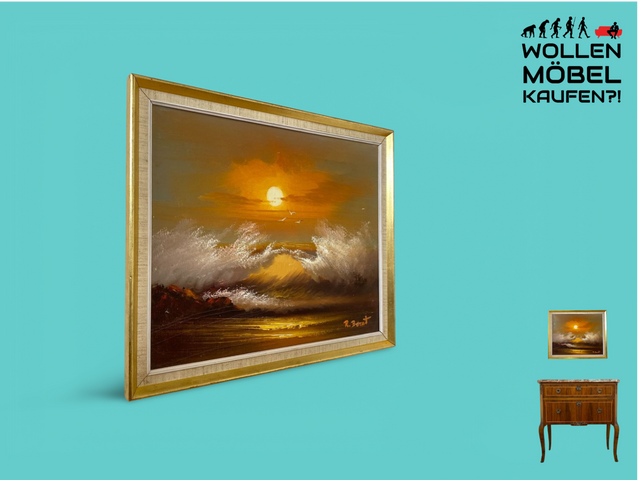 WMK Stimmungsvolles, gut gemaltes & sehr gut erhaltenes 50er Jahre Öl auf Leinwand Gemälde , 46x38cm, signiert, Gold/Weißer Holzrahmen # Bild Wandgemälde Ölgemälde Sonnenuntergang Wandbild Vintage