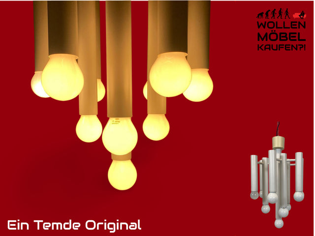 WMK # Berühmte und gut erhaltene weiße 70er Jahre Space Age Designer Deckenlampe von Temde aus Metall mit 10-flammigen Licht # Lampe Deckenleuchte Luster Kronleuchter Pendelleuchte Lamp Vintage