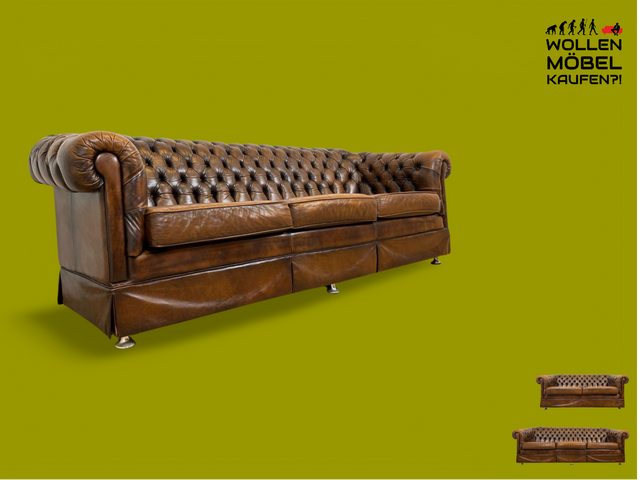 WMK # Hochwertiges original englisches Chesterfield Sofa mit dickem aber weichem gestepptem Echtleder Bezug mit schöner Alterspatina # 3er Sofa Couch Ledersofa Ledercouch Sitzgarnitur Leather Vintage