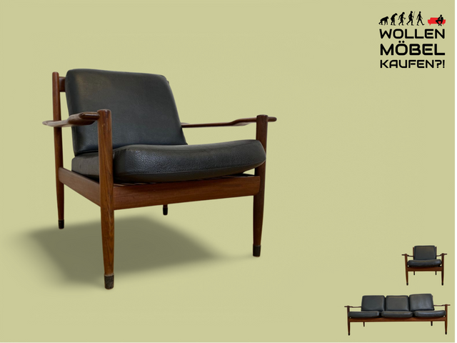 WMK l Stilvoller & sehr gut erhaltener skandinavischer Mid-Century Sessel mit schwarzem Skai Bezug & edlem Holzrahmen l Ledersessel Lesesessel Sitzgarnitur Danish Design Vintage Kunstleder