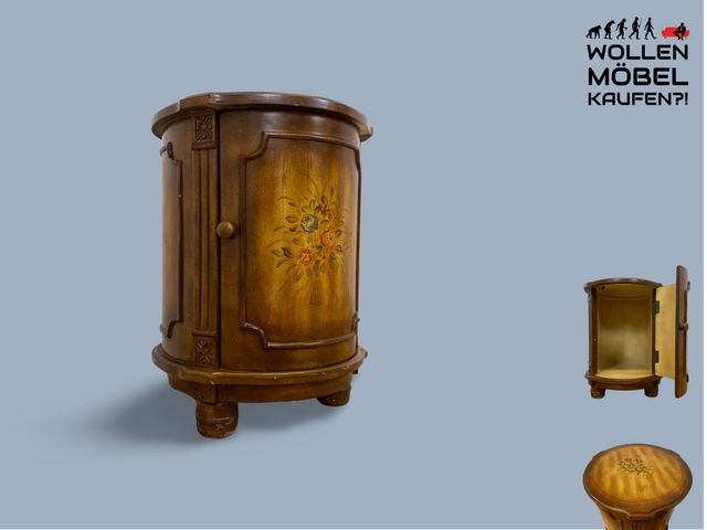 WMK # Zauberhafte kleine runde Stilmöbel Kommode hübsch handverziert und handbemalt mit tollen Blumen Motiven # Beistelltisch Nachtisch Nachtschrank Nachtkommode Schränkchen Ablage Säule Vintage
