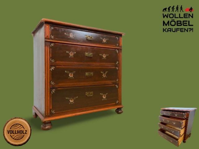 WMK I Wunderschöne große antike Kommode aus vollem Holz, handbemalt, mit Schubladen und Messing Beschlägen I Schrank Anrichte Sideboard Wäsche Wickel Bauern Biedermeier Vintage Berlin Dresden Bayern