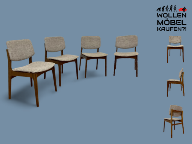 WMK I Set aus 4 hochwertigen skandinavischen Mid-Century Esszimmerstühlen mit naturbeigem Originalbezug & Walnuss Rahmen I Stühle Küchenstühle Dining Chairs Holz Polster Vintage Berlin Bochum Dresden