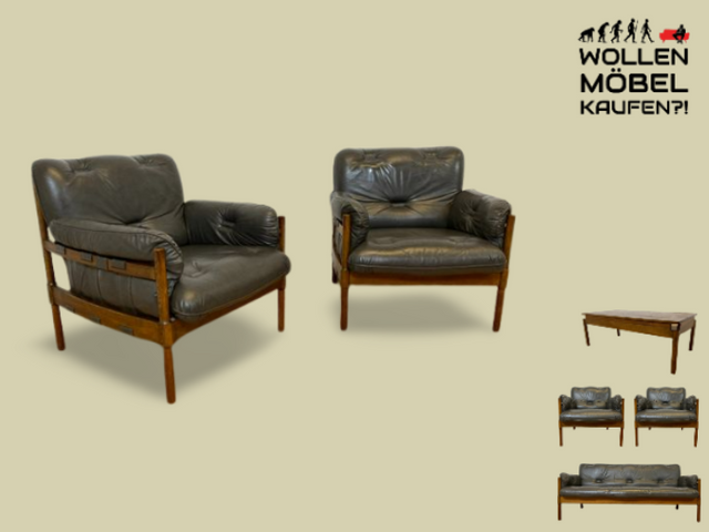 WMK I 1/2 Hochwertiger 70er Jahre Lounge Sessel im Stile von Jean Gillon & Arne Norell mit Echt Leder Bezug & Eichenholz Rahmen I Armchair Sitzgarnitur Danish Design Skandinavisch Mid-Century Vintage