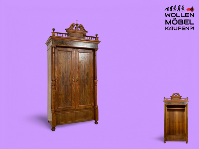 WMK Sehr eleganter antiker Säulenschrank , Vollholz in Nussbaum , mit Krone, edlen Messingbeschlägen und Schublade , um 1880 # Vertiko Wäscheschrank Kleiderschrank Schrank Dielenschrank Gründerzeit