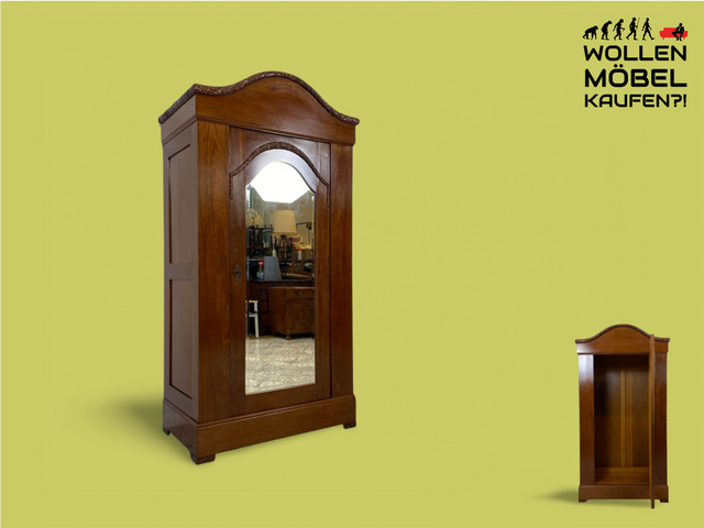 WMK Wunderschöner und gut erhaltener antiker Kleiderschrank aus vollem Holz mit Spiegel & feinen Holzschnitzereien # Schrank Dielenschrank Vertiko Wardrobe Garderobe Wäscheschrank Jugendstil Vintage