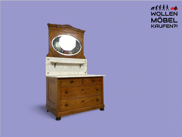 WMK Eindrucksvolle und geräumige antike Spiegelkommode aus vollem Eichenholz mit imposantem Spiegelaufsatz aus Marmor # Frisierkommode Schminktisch Schminkkommode Kommode Wäschekommode Vintage