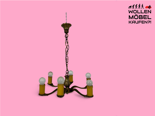 WMK Wunderschöner 6-flammiger antiker Kronleuchter aus Messing mit kerzenartigen Abdeckungen, neu verkabelt # Luster Deckenlampe Deckenleuchte Leuchte Kettenleuchte Hängeleuchte Vintage
