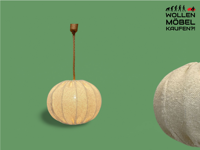 WMK Stilvolle und sehr gut erhaltene große Mid-Century Hängelampe mit Lampenschirm aus natürlichem Wollstoff & Tauwerk Kabelummantelung # Luster Hängeleuchte Deckenlampe Pendelleuchte Cocoon Vintage