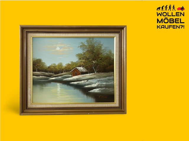 WMK Peaceful & well-preserved Swedish oil on canvas painting, 63x53cm, signed but not attributable, wooden frame in gold # Picture wall painting oil painting snow landscape gold frame vintage