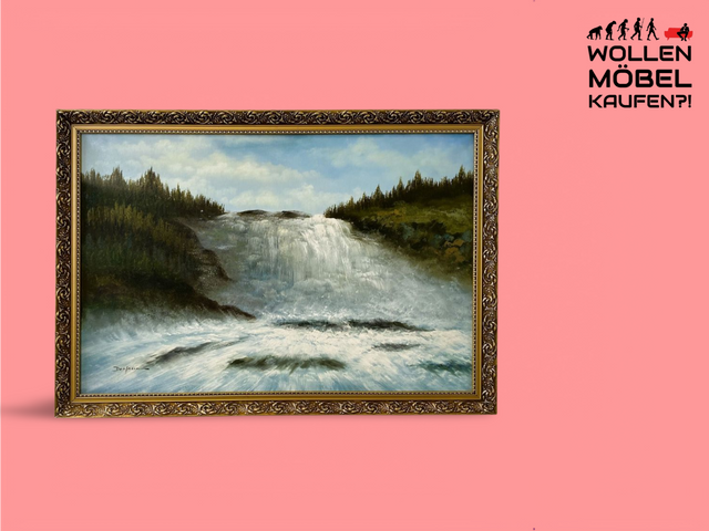 WMK Dynamic & very well preserved Swedish oil on canvas painting, 98x68cm, signed but not attributable, wooden frame in gold # Picture wall painting oil painting waterfall gold frame vintage