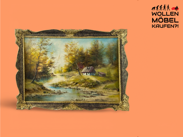 WMK Friendly & very well painted oil on canvas landscape painting, 111x80cm, signed with PR98, in well-preserved stucco frame in gold # Picture Painting Wall Painting Oil Painting Gold Frame Vintage