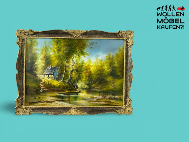 WMK Colourful & very well painted oil on canvas landscape painting, 111x80cm, signed with PR98, in well-preserved stucco frame in gold # Painting Picture Wall Painting Oil Painting Gold Frame Vintage