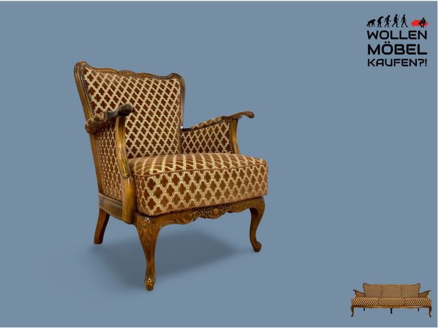 WMK # Eleganter und sehr gut erhaltener 60er Jahre Chippendale Sessel mit wunderbarem Brokat Bezug in Altrosa, feinem Geflecht und Federkern # Lesesessel Armchair Sitzgarnitur Mid-Century Vintage