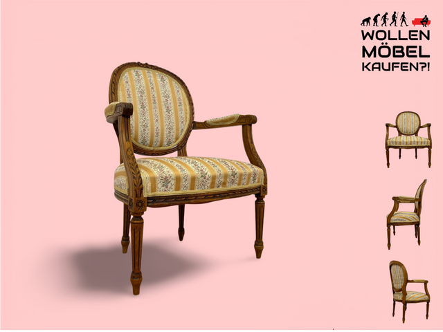 WMK Sehr eleganter 60er Jahre Cabriolets Sessel im Stile des Louis XVI , handverziert, mit Medaillon Rückenlehne & bequemen Federkernsitz # Fauteuil Armlehnstuhl Medaillon Stuhl Salonmöbel Vintage