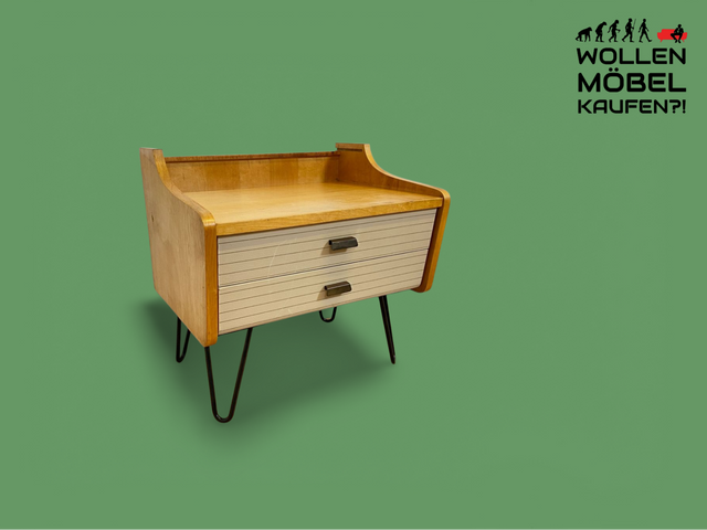 WMK # Schöner & gut erhaltener Mid-Century Nachttisch mit Schubladen & schwarzen Hairpin Metallfüßen # Nachtschrank Nachtkommode Nachtschränkchen Bedside Table Kommode Vintage DDR 50er 60er Berlin
