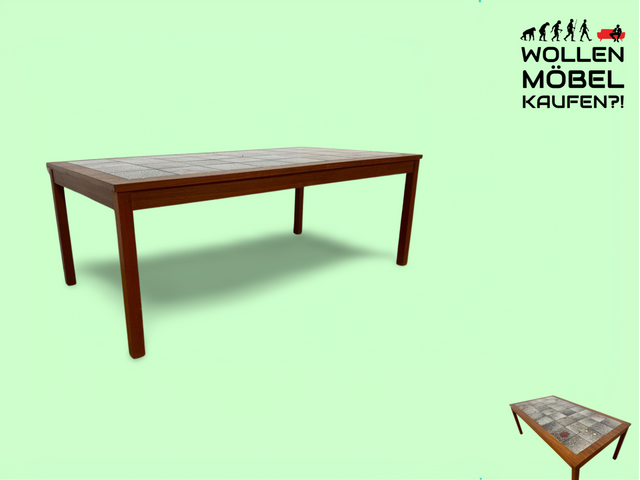 WMK Schöner, großer und sehr gut erhaltener skandinavischer Couchtisch mit kunstvollen und pflegeleichten Fliesen # Wohnzimmertisch Fliesentisch Coffee table Mid-Century Danish Design Vintage Retro