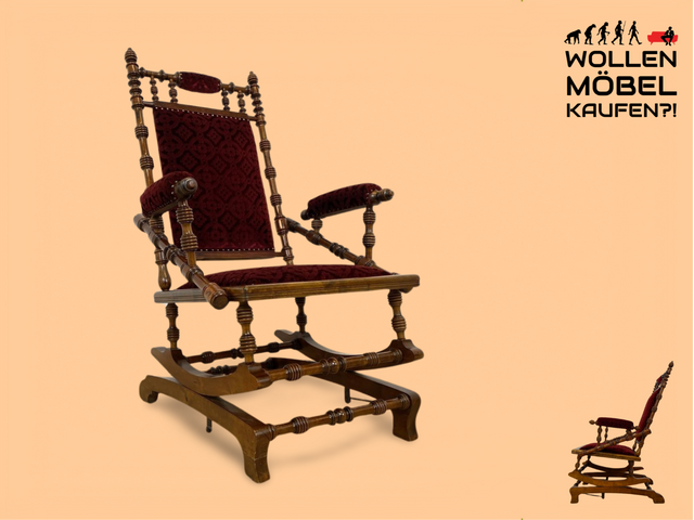 WMK Wunderschöner und gut erhaltener skandinavischer antiker Schaukelstuhl mit bodenschonender Federwippung und grandiosem rotem Brokatbezug # Stuhl Sessel Lesesessel Lesestuhl Rocking Chair Vintage