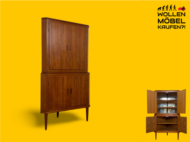 WMK Stilvoller & sehr gut erhaltener skandinavischer 60er Jahre Eckschrank in Teakholz mit verspiegeltem Barschrank # Eckkommode Highboard Schrank Bar Barkommode Danish Design Vintage Mid-Century Teak