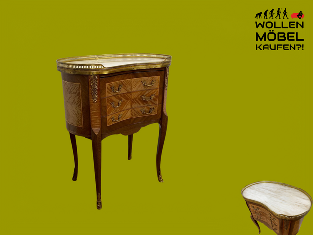 WMK # Edle kleine 30er Jahre Kommode im Louis XV Stil mit Intarsien, Marmor & Messing # Nachttisch Nachtkommode Nachtschrank Beistelltisch Boulle Kingswood Bedside Chest Barock Rokoko XVI Vintage