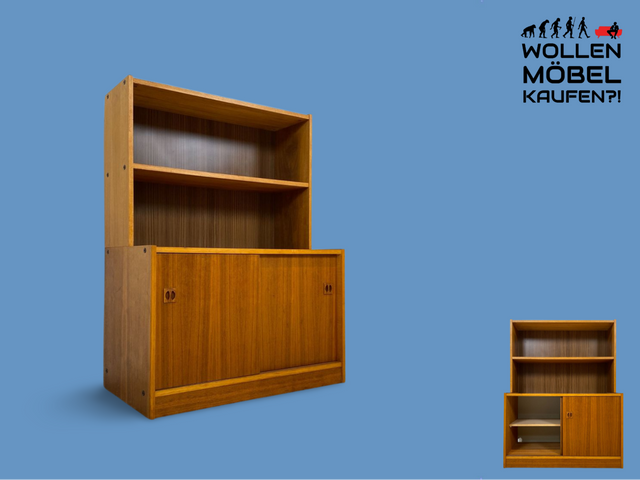 WMK Stilvoller kleiner skandinavischer Bücherschrank mit Schiebetüren & hübschen Holzgriffen # Regal Bücherregal Kommode Highboard Bibliothek Sideboard Danish Design Mid-Century Vintage # Stückpreis